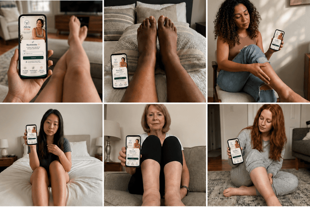 Mujeres usando la app Alivia 21 Días desde casa en distintos momentos del día
